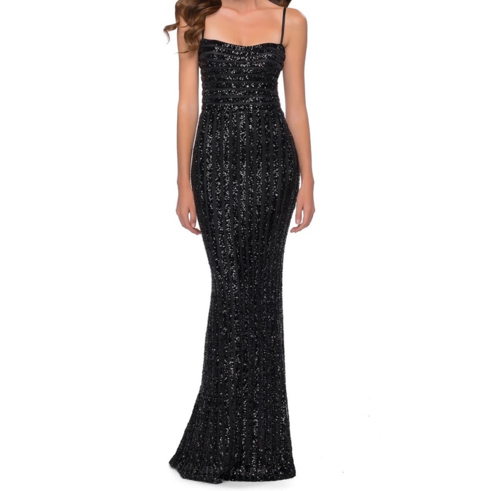 La Femme 29713 Black Stripe Pattern Sequin Evening Gown Size 8